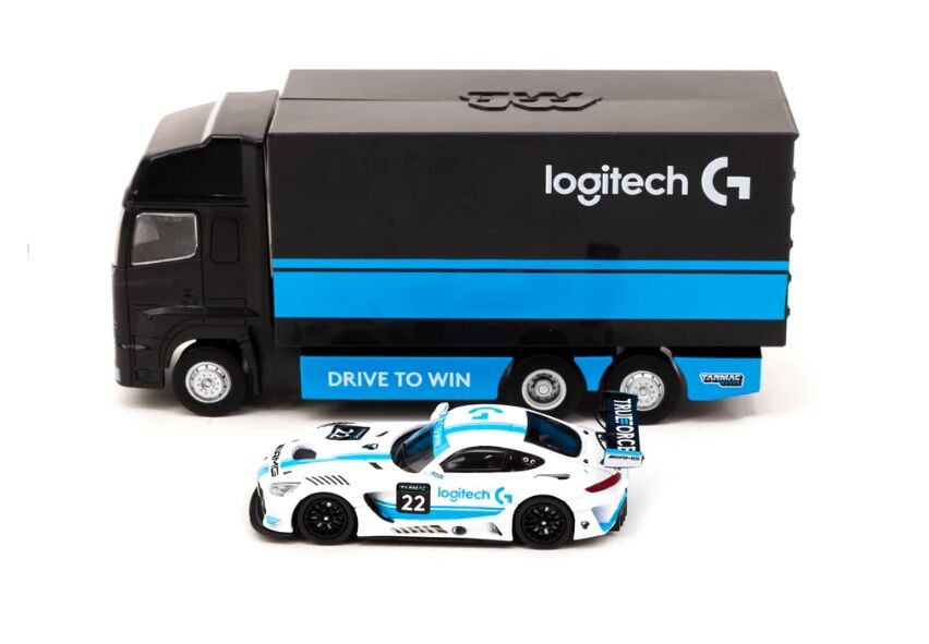 Tarmac Works Mercedes-AMG GT3 Logitech G Race with Plastic Truck Packaging - Logitech Special Edition - HOBBY64