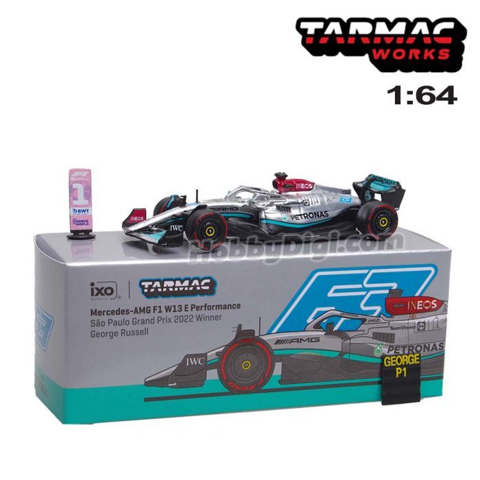 Tarmac Works 164 X iXO Models Mercedes-AMG F1 W13 E Performance Sao Paulo Grand Prix 2022 #63 Winner - George Russell - GLOBAL64